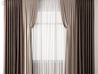 Elegant Modern Brown Curtains With White Sheer Layer For Window Decoration 3d model