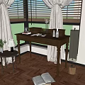 Wooden Desk By Window With Blinds Curtains Photo Frame Books And Vase