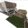 Garden Landscape with Wooden Pergola Outdoor Furniture Wooden Deck Stone Steps and Green Plants