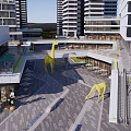 Modern Commercial Complex With High Rise Buildings Green Roofs Central Plaza And Pedestrian Areas