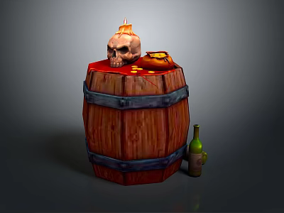 Wooden Barrel With Burning Skull Leather Pouch And Green Bottle 3d model