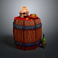 Wooden Barrel With Burning Skull Leather Pouch And Green Bottle