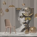Modern Wooden Leisure Chair Interior With Gold Pendant Lights Decorative Painting And White Carpet