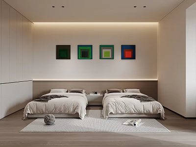 Modern Bedroom With Two White Beds Colorful Paintings On Headboard Wall LED Strip Lighting 3d model