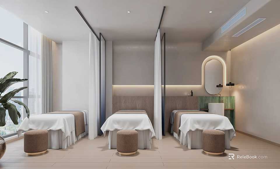 Serene Modern SPA Sauna Interior Design With Treatment Beds Stools And Mirror Lighting 3d model 