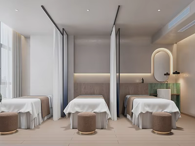 Serene Modern SPA Sauna Interior Design With Treatment Beds Stools And Mirror Lighting 3d model