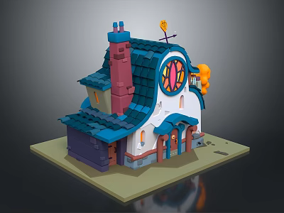 Cartoon Style Detailed House With Blue Roof Purple Chimney Colorful Round Window And Orange Decoration 3d model