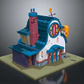 Cartoon Style Detailed House With Blue Roof Purple Chimney Colorful Round Window And Orange Decoration