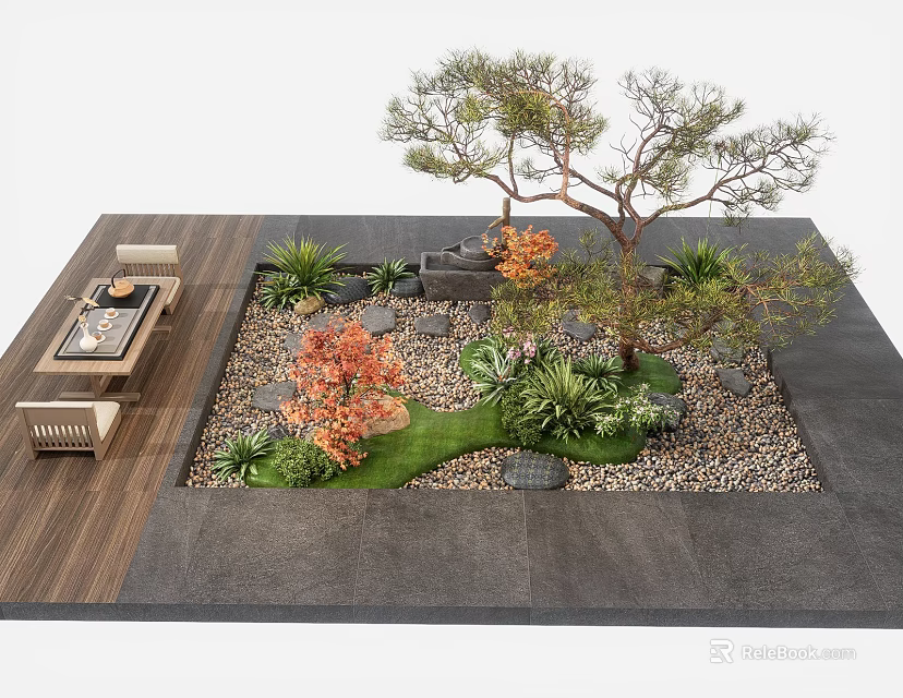 Beautiful Courtyard Garden With Wooden Deck Stone Paving Lush Plants Decorative Stones And Seating Area 3d model 