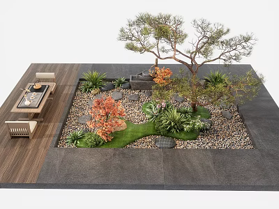Beautiful Courtyard Garden With Wooden Deck Stone Paving Lush Plants Decorative Stones And Seating Area 3d model