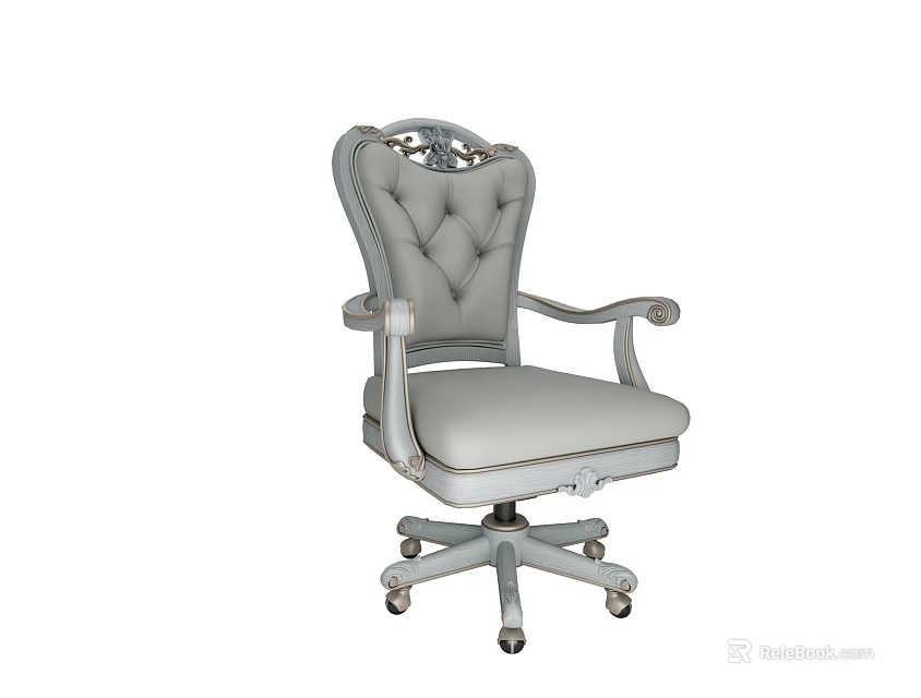 Classic Gray Office Chair With Carved Backrest Tufted Seat And Armrests On Caster Wheels 3d model 