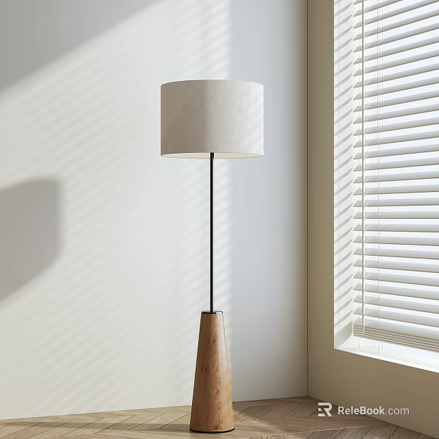Modern Minimalist Floor Lamp With White Lampshade Wooden Base And Sunlight Shadows From Blinds 3d model 