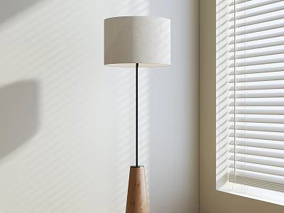 Modern Minimalist Floor Lamp With White Lampshade Wooden Base And Sunlight Shadows From Blinds 3d model