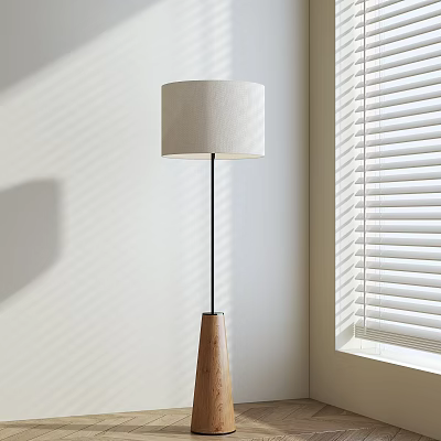 Modern Minimalist Floor Lamp With White Lampshade Wooden Base And Sunlight Shadows From Blinds 3d model