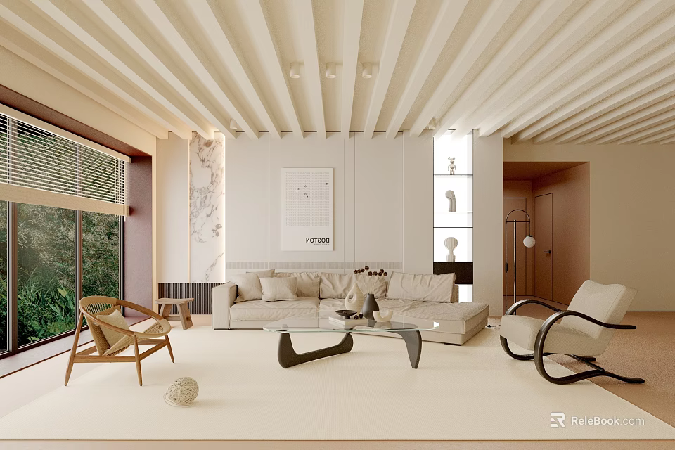 Modern Living Room Interior Design With Sofa Coffee Table Wooden Ceiling And Floor to Ceiling Windows 3d model 