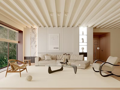 Modern Living Room Interior Design With Sofa Coffee Table Wooden Ceiling And Floor to Ceiling Windows 3d model