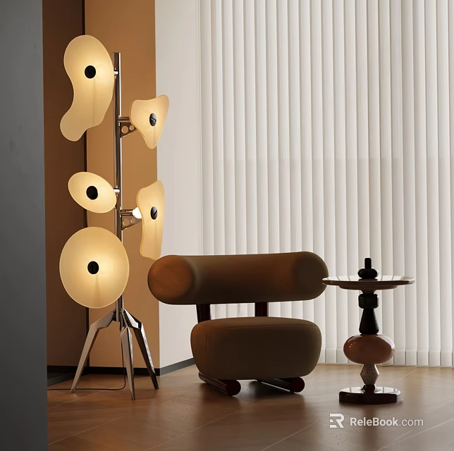 Modern Floor Lamp With Multiple White Round Shades In Living Room With Brown Armchair 3d model 