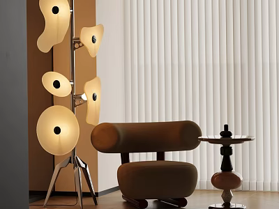 Modern Floor Lamp With Multiple White Round Shades In Living Room With Brown Armchair 3d model