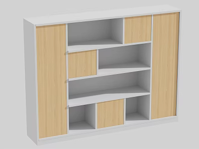 Modern File Cabinet With Wooden Doors White Frame Open Shelves And Closed Compartments 3d model