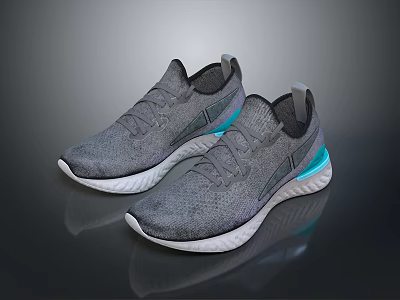 Gray Knit Athletic Sneakers With White Sole And Blue Side Accents 3d model