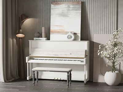 Elegant White Piano and Art Supplies with Hanging Painting and Flower Vase in Room 3d model