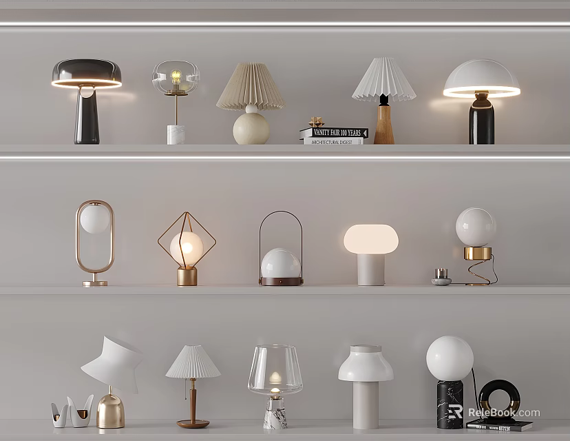 Various Modern Table Lamps With Unique Shapes And Metal Ceramic Bases Displayed On White Shelves 3d model 
