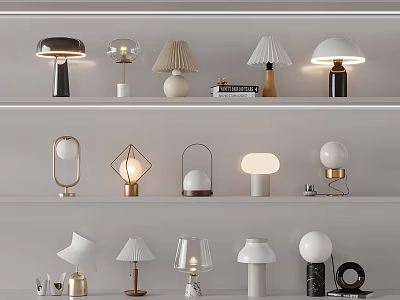 Various Modern Table Lamps With Unique Shapes And Metal Ceramic Bases Displayed On White Shelves 3d model