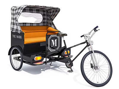 Vintage Rickshaw With Plaid Canopy Orange Seat And The Work M Logo 3d model