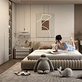 Modern Bedroom Interior With Comfortable Bed Plush Toys Herringbone Rug Dressing Table And Round Mirror