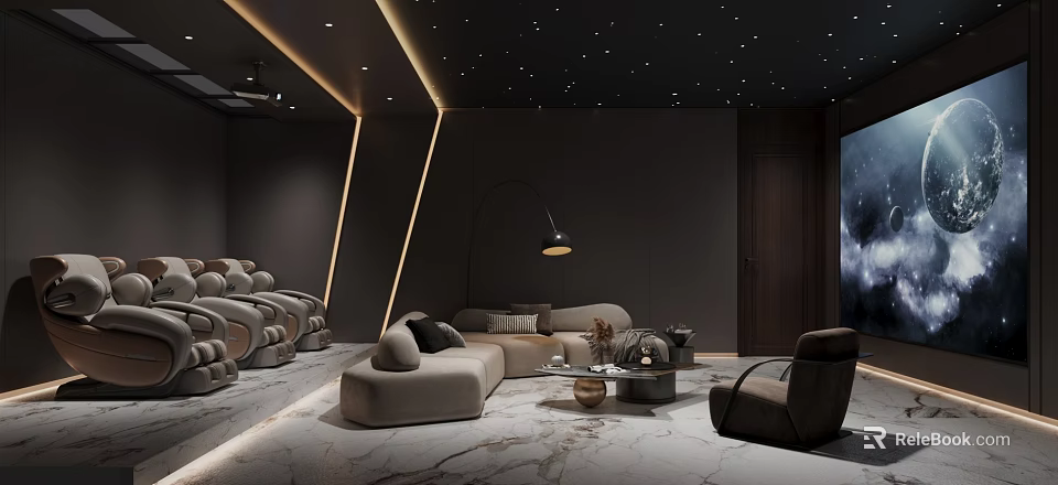 Luxury Home Theater Interior Design With Sofas And Starry Ceiling 3d model 