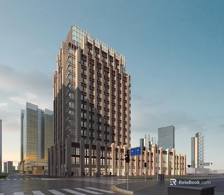 Modern High Rise Building With Glass Curtain Wall And Urban Skyline 3d model 