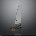 Viking Model Sailboat Featuring White Sail Wheels Brown Blocks And Red Container