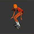 Child In Red Outfit And Orange Hat Riding Skateboard On Gray Background With Reflective Ground