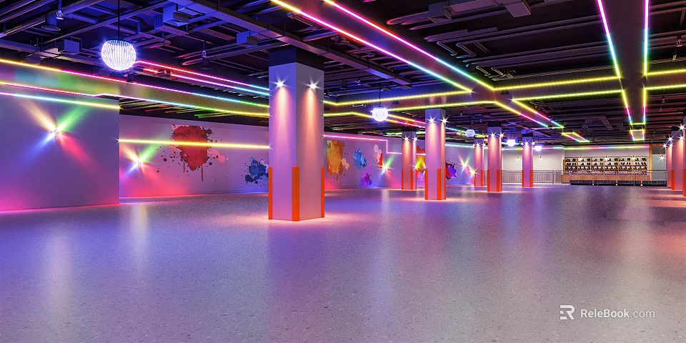 Spacious Modern Fitness Studio With Colorful Neon Lights And Graffiti Pillars 3d model 