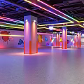 Spacious Modern Fitness Studio With Colorful Neon Lights And Graffiti Pillars