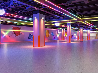 Spacious Modern Fitness Studio With Colorful Neon Lights And Graffiti Pillars 3d model