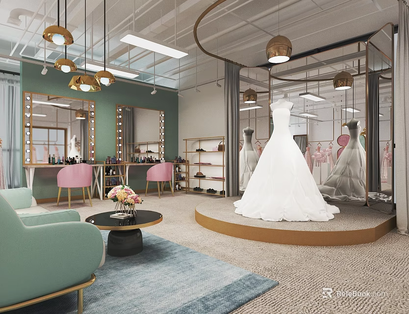 Elegant Bridal Shop Interior Featuring Wedding Dresses Mirrors Makeup Station And Soft Lighting 3d model 