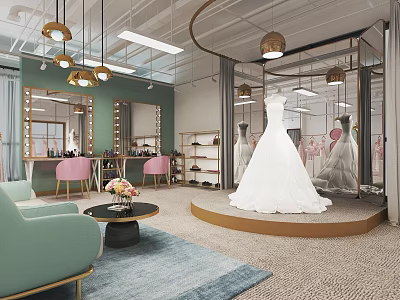 Elegant Bridal Shop Interior Featuring Wedding Dresses Mirrors Makeup Station And Soft Lighting 3d model