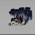 Whimsical Paper Art Forest With Tall Trees Small Cabin Snowy Ground Ladder Fence And Pig