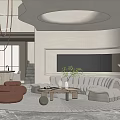 Modern Living Room Interior Design With Curved Sofa Coffee Table Green Plant And Circular Ceiling
