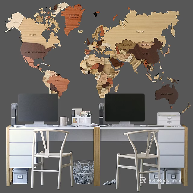 Modern Office Work Desk Setup with Wooden World Map Wall Computer Monitors Chairs and Supplies 3d model 