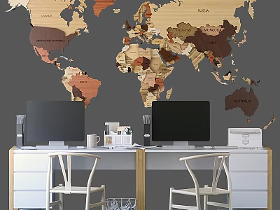 Modern Office Work Desk Setup with Wooden World Map Wall Computer Monitors Chairs and Supplies 3d model
