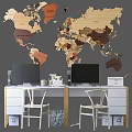 Modern Office Work Desk Setup with Wooden World Map Wall Computer Monitors Chairs and Supplies