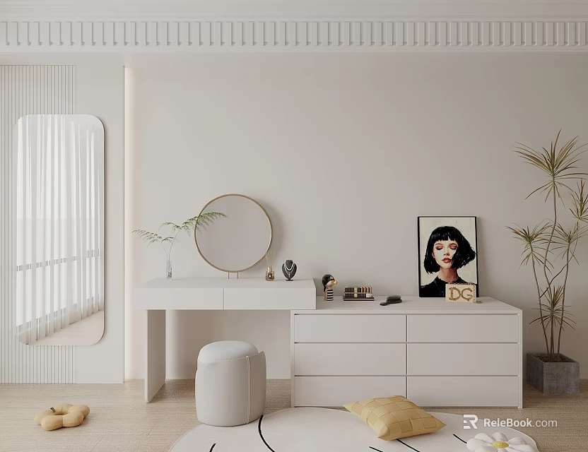 Modern White Dressing Table Interior With Round Mirror Stool Plants And Decorative Items 3d model