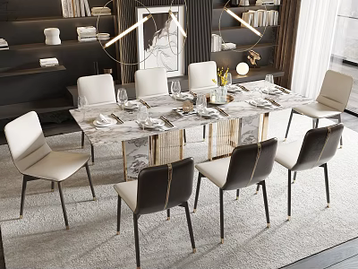 Elegant Modern Dining Table Set With Marble Top And Leather Fabric Chairs 3d model
