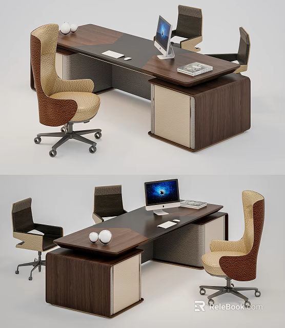 Modern Office Desk With Walnut Wood Finish Ergonomic Chairs Computer Monitor And Decorative Ornaments 3d model 