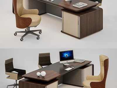 Modern Office Desk With Walnut Wood Finish Ergonomic Chairs Computer Monitor And Decorative Ornaments 3d model