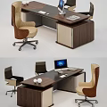 Modern Office Desk With Walnut Wood Finish Ergonomic Chairs Computer Monitor And Decorative Ornaments