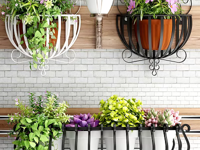 Creative Garden Decor with Hanging Planters Metal Brackets and Colorful Plants on Brick Wall 3d model