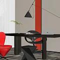Modern Home Office Interior With Wooden Desk Red Chair Laptop Black Lamp And Green Plant